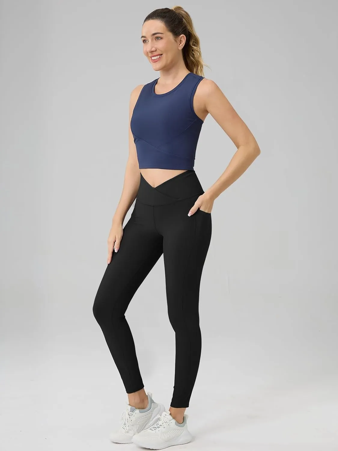 AARAY Womens V Crossover Ribbed Yoga Leggings with Side Pockets, High Waist Workout Gym Yoga 25 inch