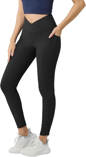 AARAY Womens V Crossover Ribbed Yoga Leggings with Side Pockets, High Waist Workout Gym Yoga 25 inch
