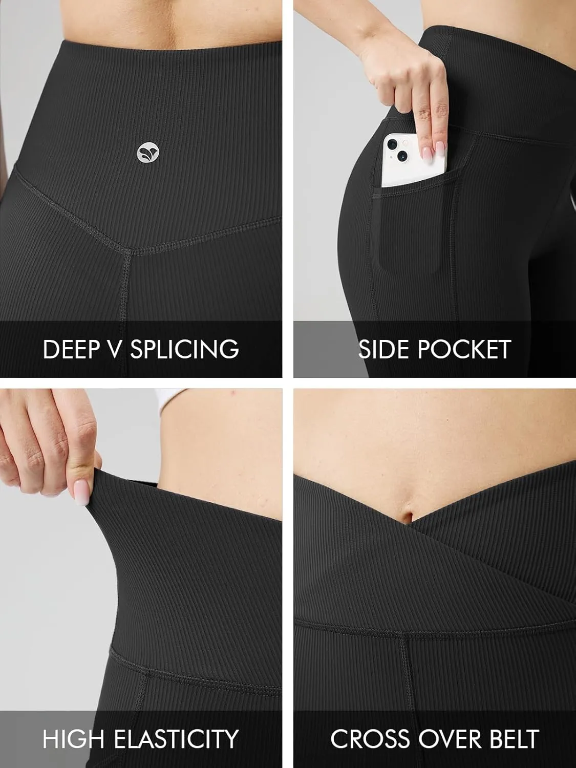 AARAY Womens V Crossover Ribbed Yoga Leggings with Side Pockets, High Waist Workout Gym Yoga 25 inch