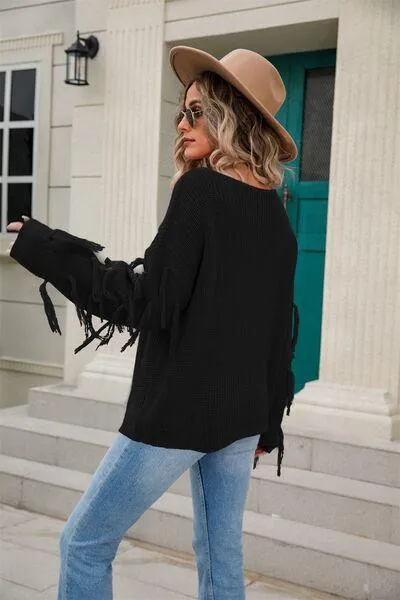 Adorably Snug Dropped Shoulder Fringe Sweater