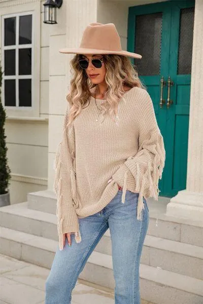 Adorably Snug Dropped Shoulder Fringe Sweater
