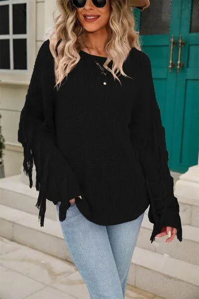 Adorably Snug Dropped Shoulder Fringe Sweater