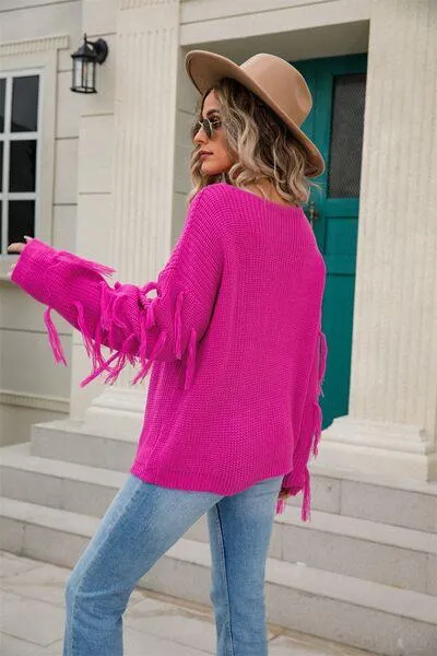 Adorably Snug Dropped Shoulder Fringe Sweater
