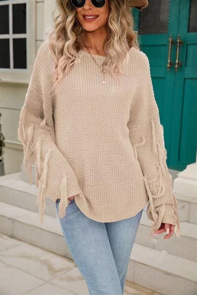 Adorably Snug Dropped Shoulder Fringe Sweater