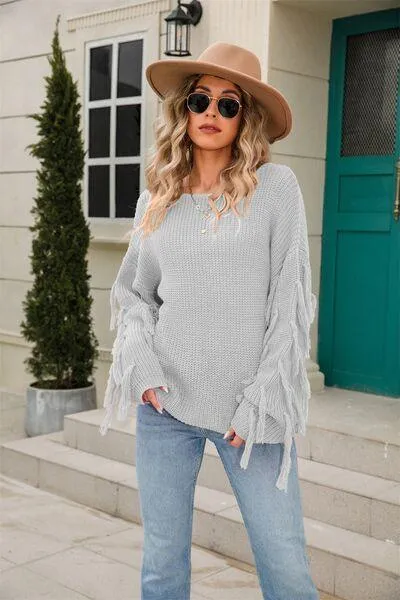 Adorably Snug Dropped Shoulder Fringe Sweater