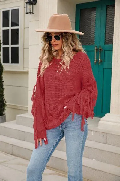 Adorably Snug Dropped Shoulder Fringe Sweater
