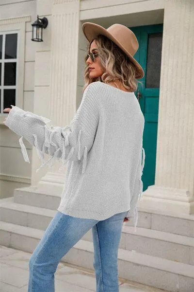 Adorably Snug Dropped Shoulder Fringe Sweater