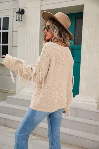 Adorably Snug Dropped Shoulder Fringe Sweater