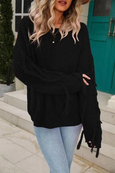 Adorably Snug Dropped Shoulder Fringe Sweater