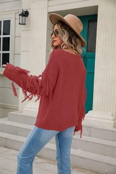 Adorably Snug Dropped Shoulder Fringe Sweater