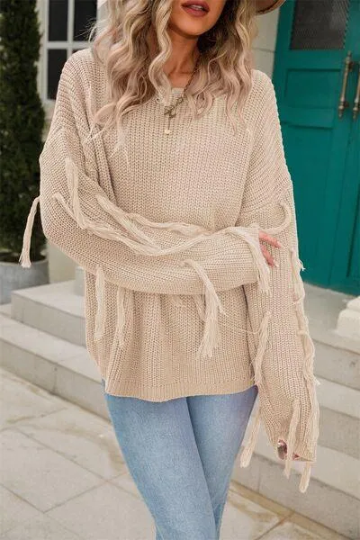 Adorably Snug Dropped Shoulder Fringe Sweater