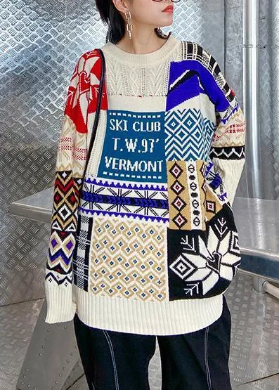 Aesthetic beige ColorBlock Sweater Blouse o neck trendy plus size Winter sweaters