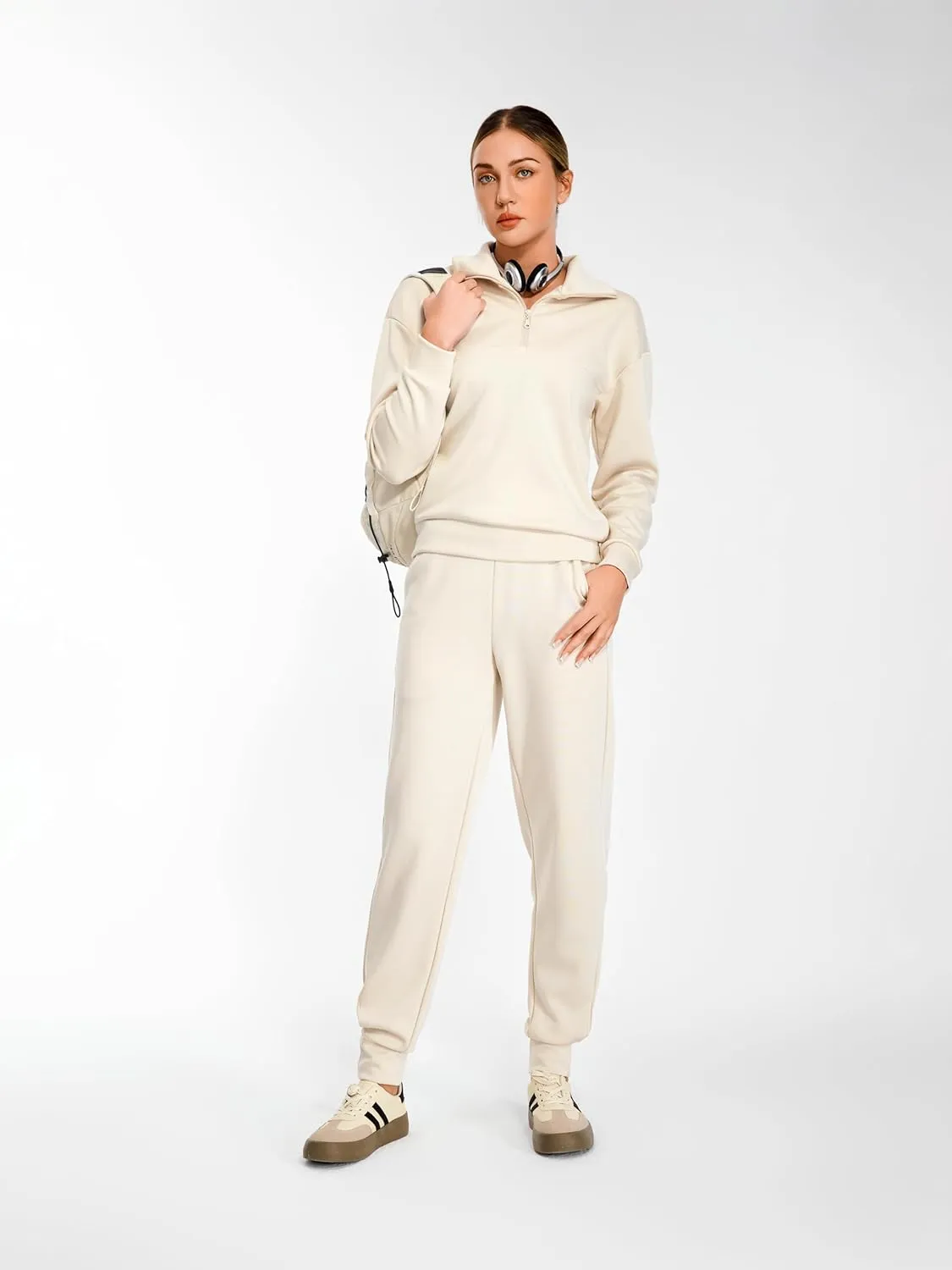 AFITNE Women's 2 Piece Outfits Sweatsuits Long Sleeve Tracksuit Casual Lapel Half Zip Sweatshirt Joggers Sweatpants Set