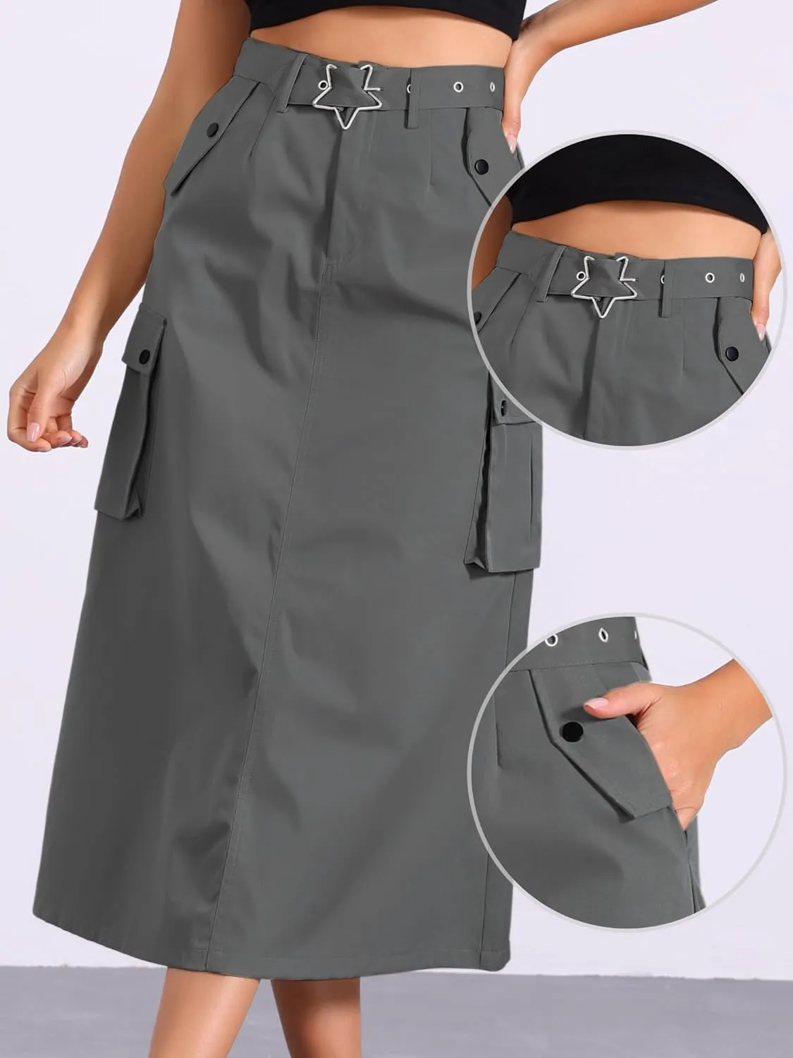 Allegra K Y2K Cargo Long Skirts for Women's Trendy Belt High Waisted Vintage Streetwear Skirt with Pockets
