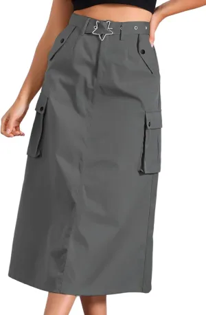 Allegra K Y2K Cargo Long Skirts for Women's Trendy Belt High Waisted Vintage Streetwear Skirt with Pockets