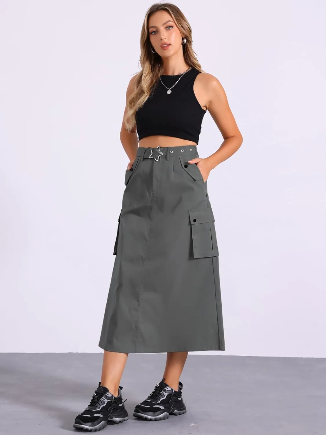Allegra K Y2K Cargo Long Skirts for Women's Trendy Belt High Waisted Vintage Streetwear Skirt with Pockets