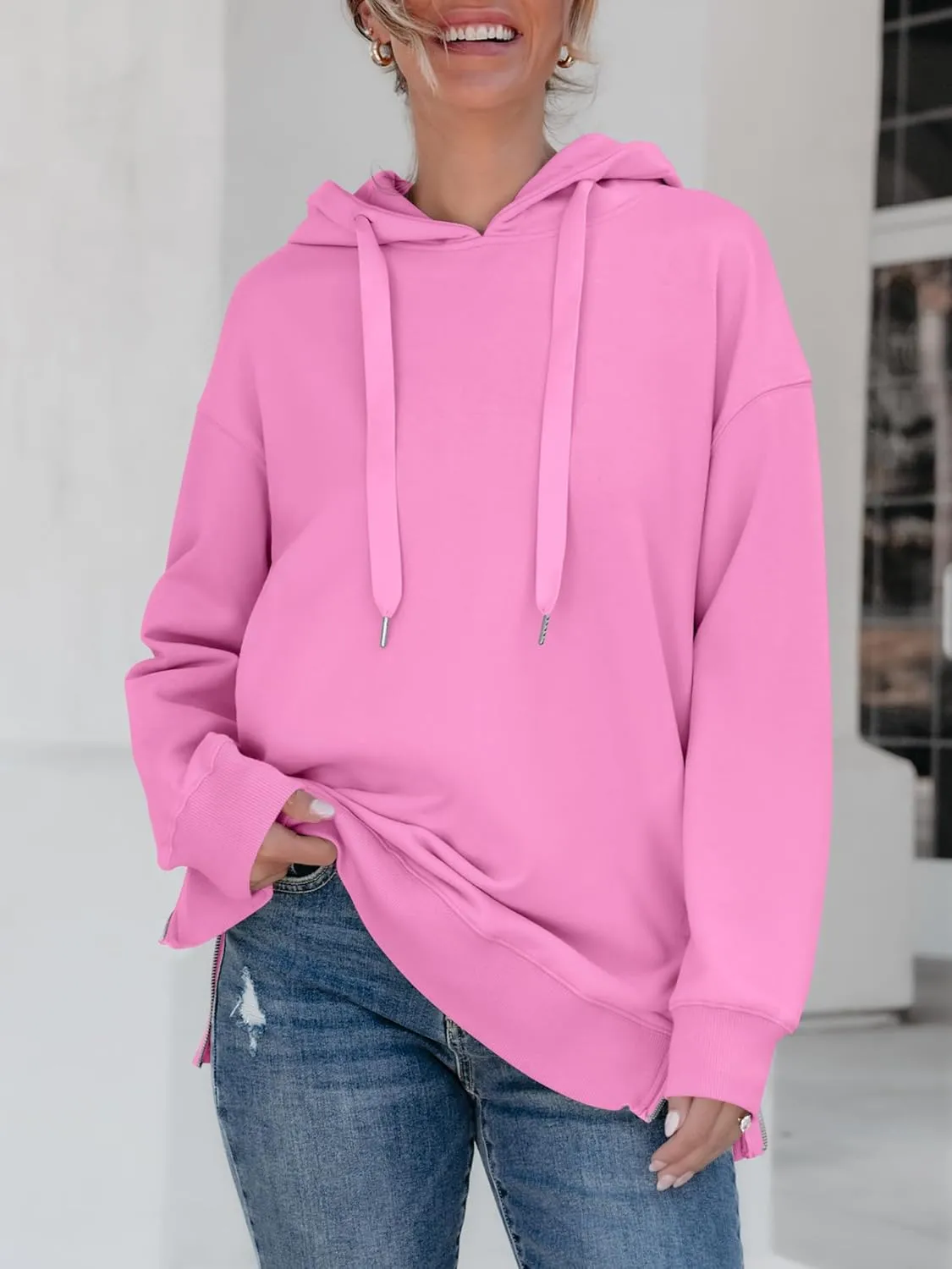 ANRABESS Women Oversized Hoodies Side Zipper Fleece Long Sweatshirts Lightweight Tunic Pullover 2025 Fall Trendy Clothes