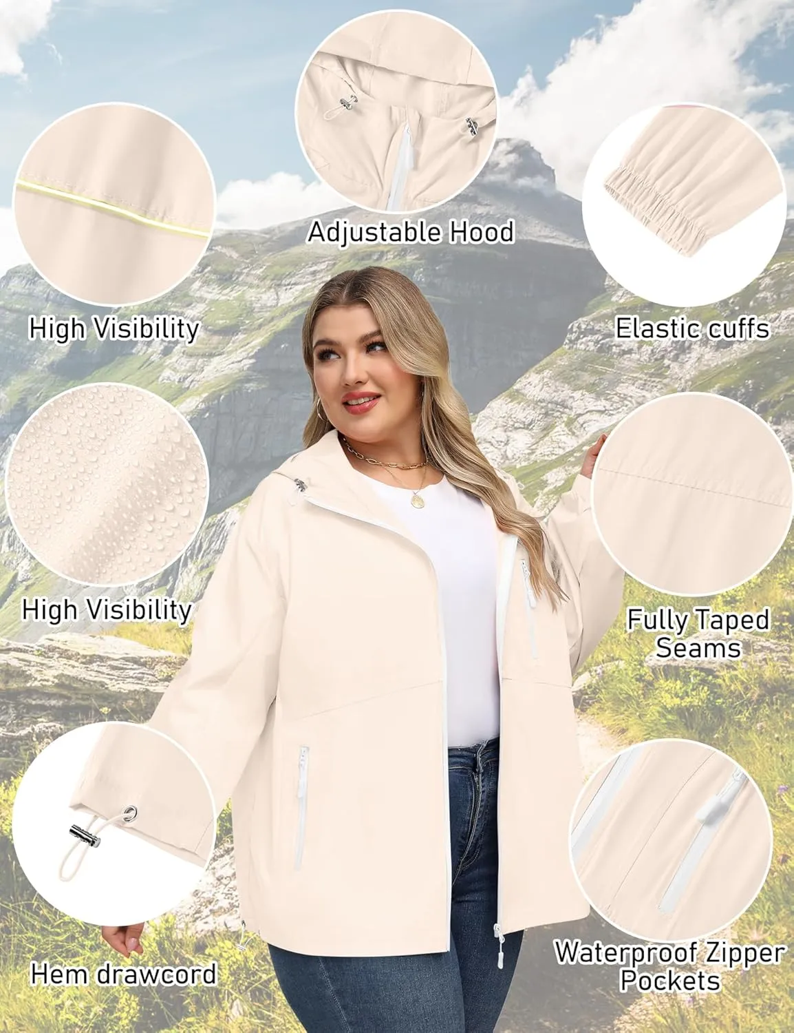Avoogue Plus Size Womens Rain Jacket with Hood Waterproof Raincoats Lightweight Packable Outdoor Trench Coat XL-5XL