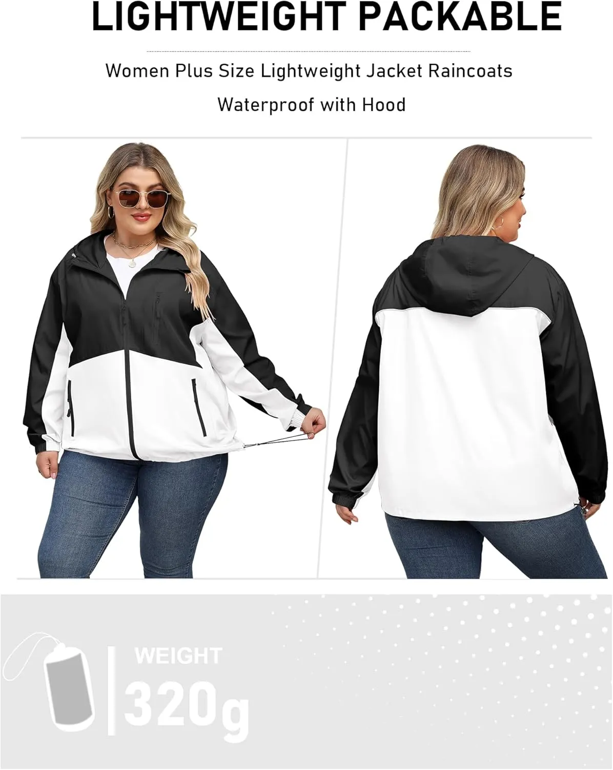 Avoogue Plus Size Womens Rain Jacket with Hood Waterproof Raincoats Lightweight Packable Outdoor Trench Coat XL-5XL