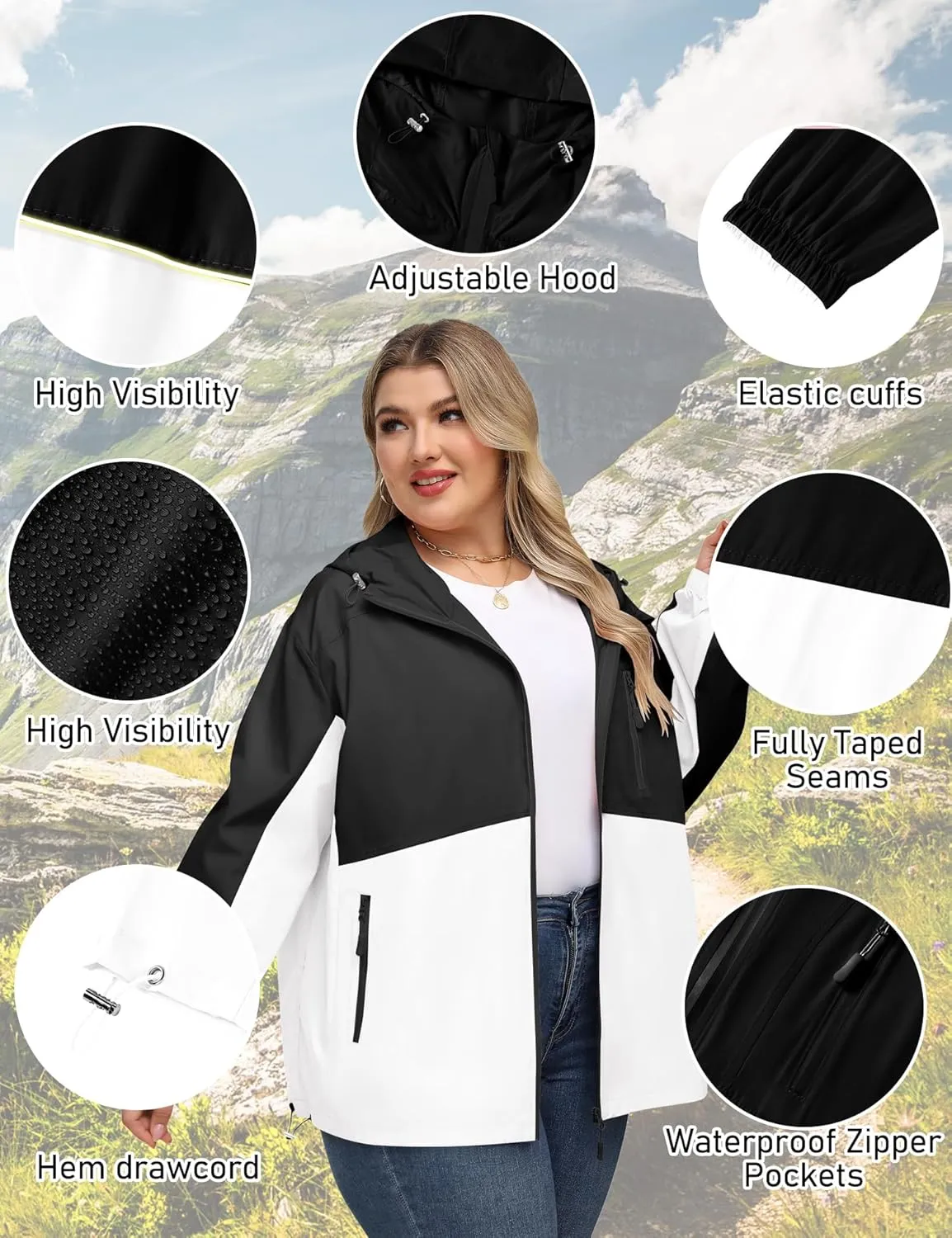 Avoogue Plus Size Womens Rain Jacket with Hood Waterproof Raincoats Lightweight Packable Outdoor Trench Coat XL-5XL