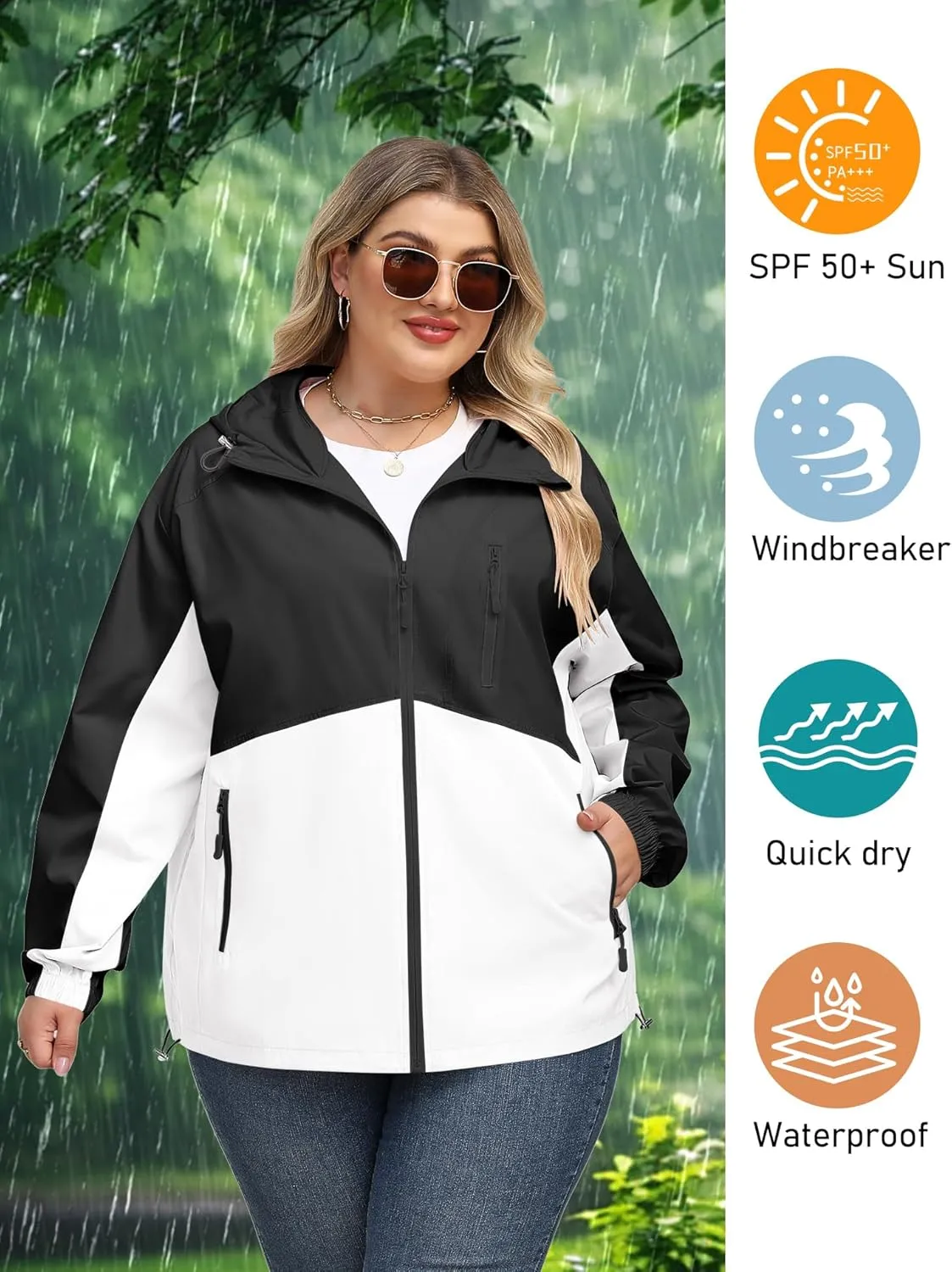 Avoogue Plus Size Womens Rain Jacket with Hood Waterproof Raincoats Lightweight Packable Outdoor Trench Coat XL-5XL