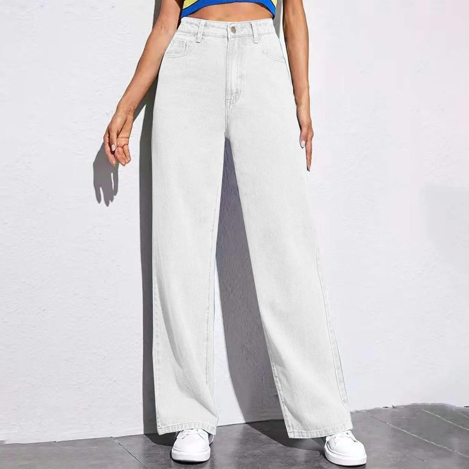 Baggy Pants for Women 2025 Trendy Soild Color Stretchy Wide Leg Jeans y2k Plus Size High Waisted Trousers with Pockets