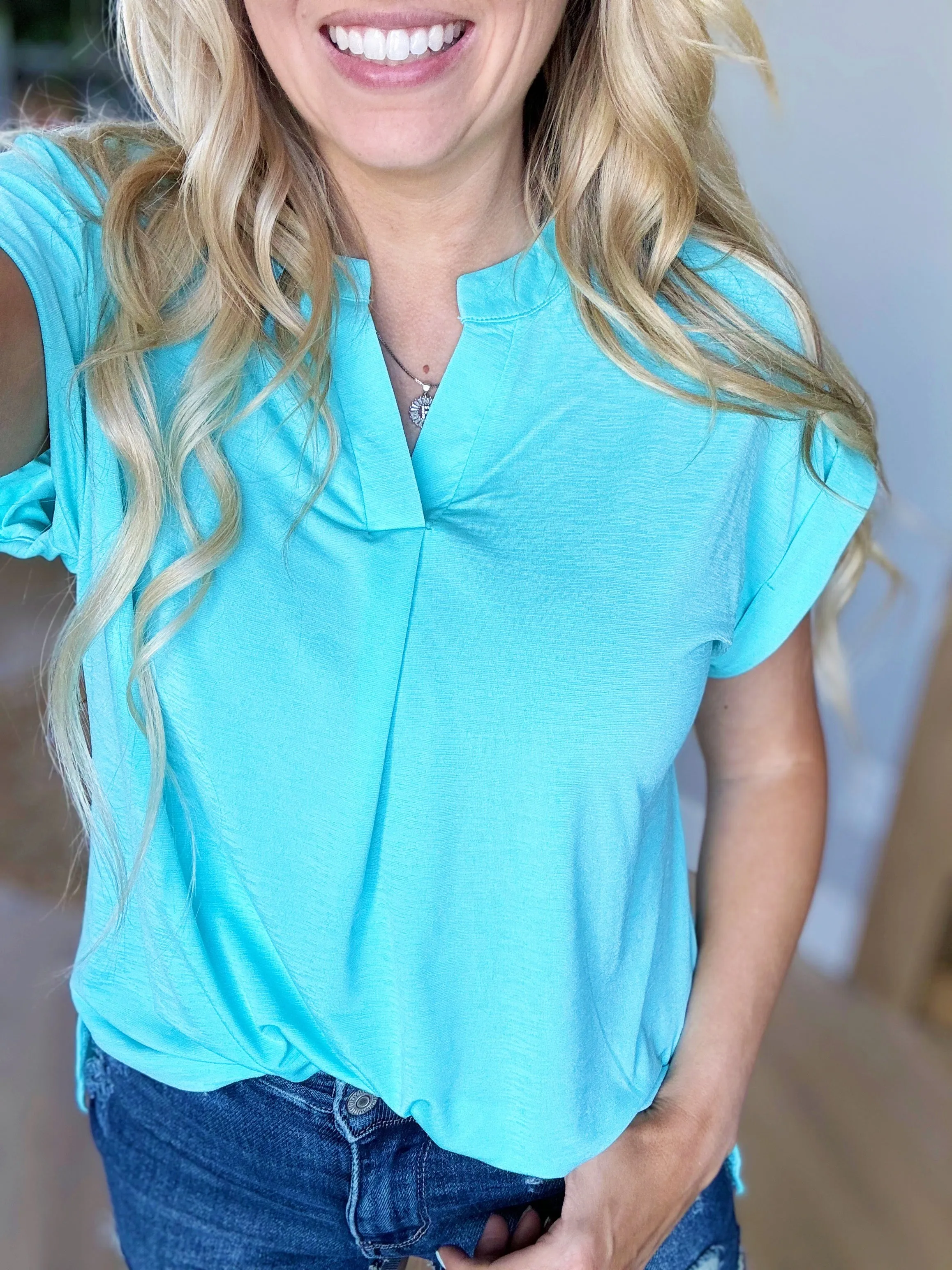 Be Happy Solid Wrinkle Free Top in Neon Blue