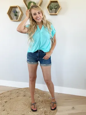Be Happy Solid Wrinkle Free Top in Neon Blue