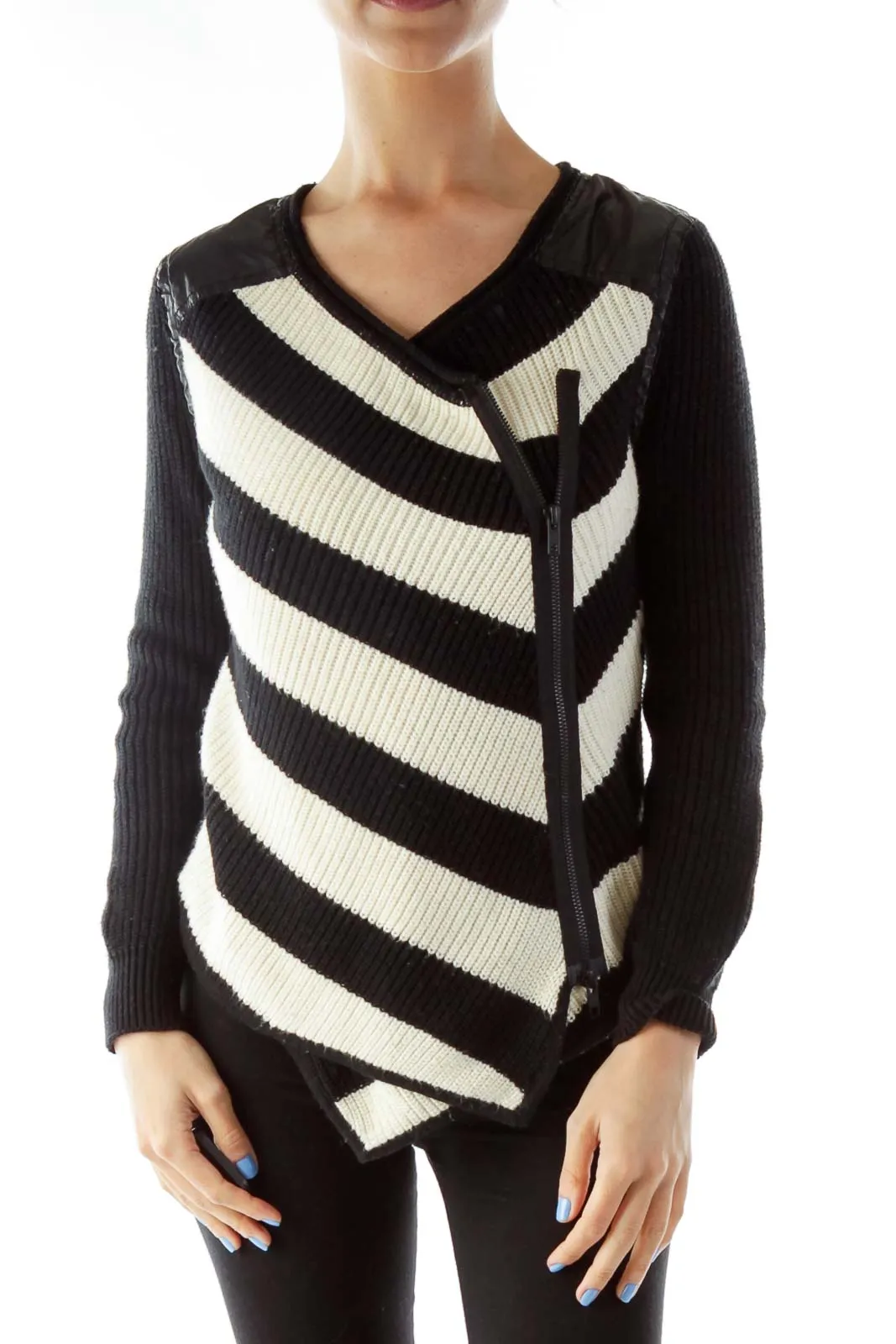 Black Cream Asymmetric Knit Sweater
