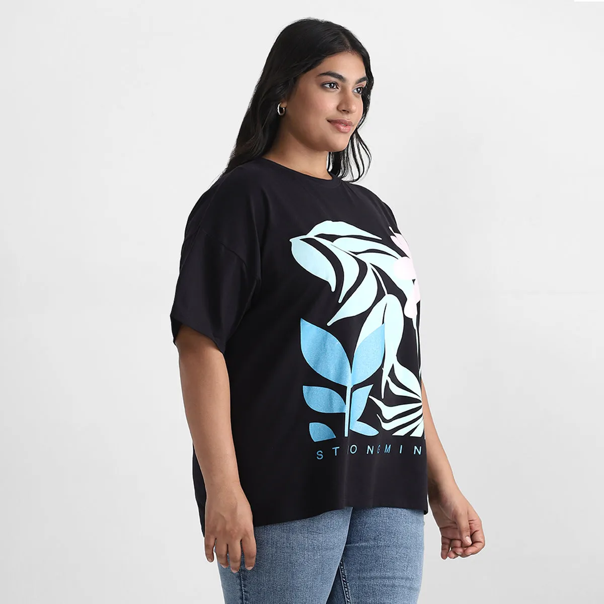 Black Floral Plus Size Chest Print Cotton Tee