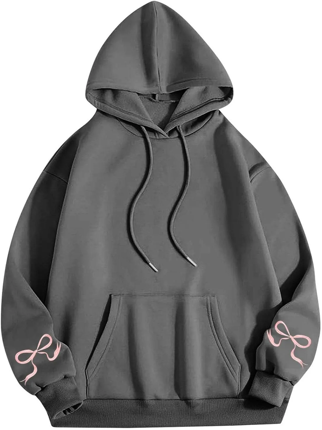 Black Oversized Hoodie Women Pink Ribbon Detail Fleece Lined Pullover Hooded Sweatshirt Drawstring Streetwear