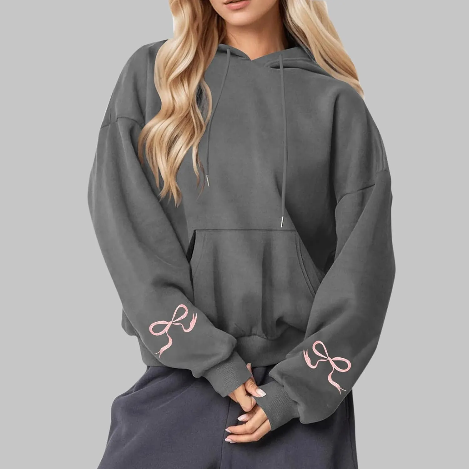 Black Oversized Hoodie Women Pink Ribbon Detail Fleece Lined Pullover Hooded Sweatshirt Drawstring Streetwear