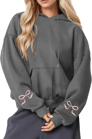 Black Oversized Hoodie Women Pink Ribbon Detail Fleece Lined Pullover Hooded Sweatshirt Drawstring Streetwear