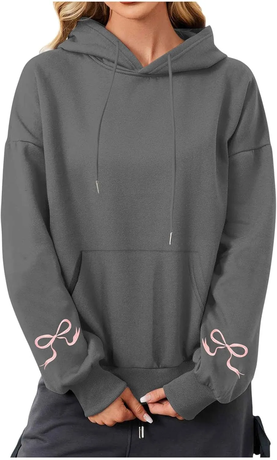 Black Oversized Hoodie Women Pink Ribbon Detail Fleece Lined Pullover Hooded Sweatshirt Drawstring Streetwear