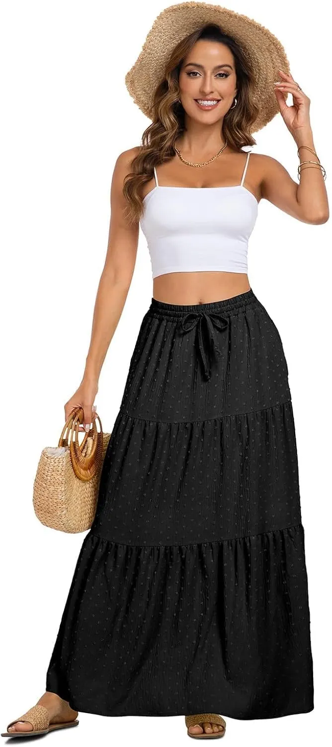 BLEVONH Women's Fall Boho High Waist Flowy Maxi Skirt Ruffle Tiered Swiss Dot Casual Long Skirts and Pockets