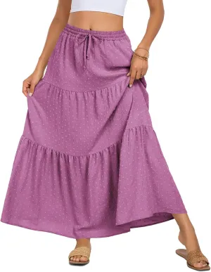 BLEVONH Women's Fall Boho High Waist Flowy Maxi Skirt Ruffle Tiered Swiss Dot Casual Long Skirts and Pockets