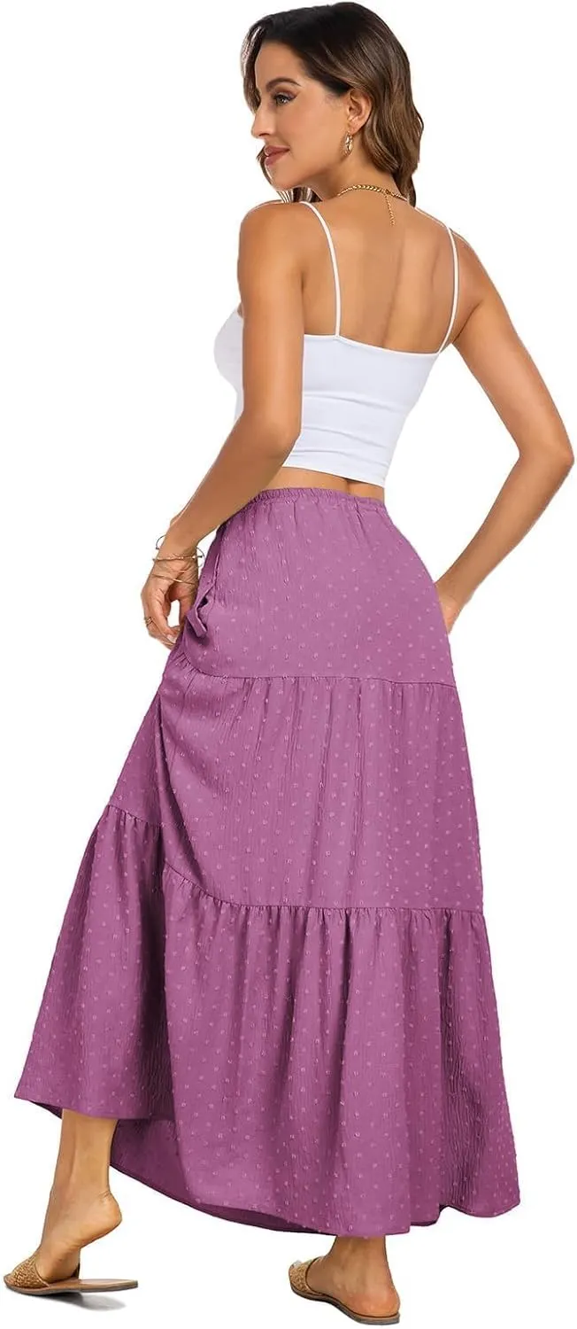 BLEVONH Women's Fall Boho High Waist Flowy Maxi Skirt Ruffle Tiered Swiss Dot Casual Long Skirts and Pockets