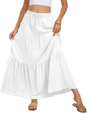 BLEVONH Women's Fall Boho High Waist Flowy Maxi Skirt Ruffle Tiered Swiss Dot Casual Long Skirts and Pockets