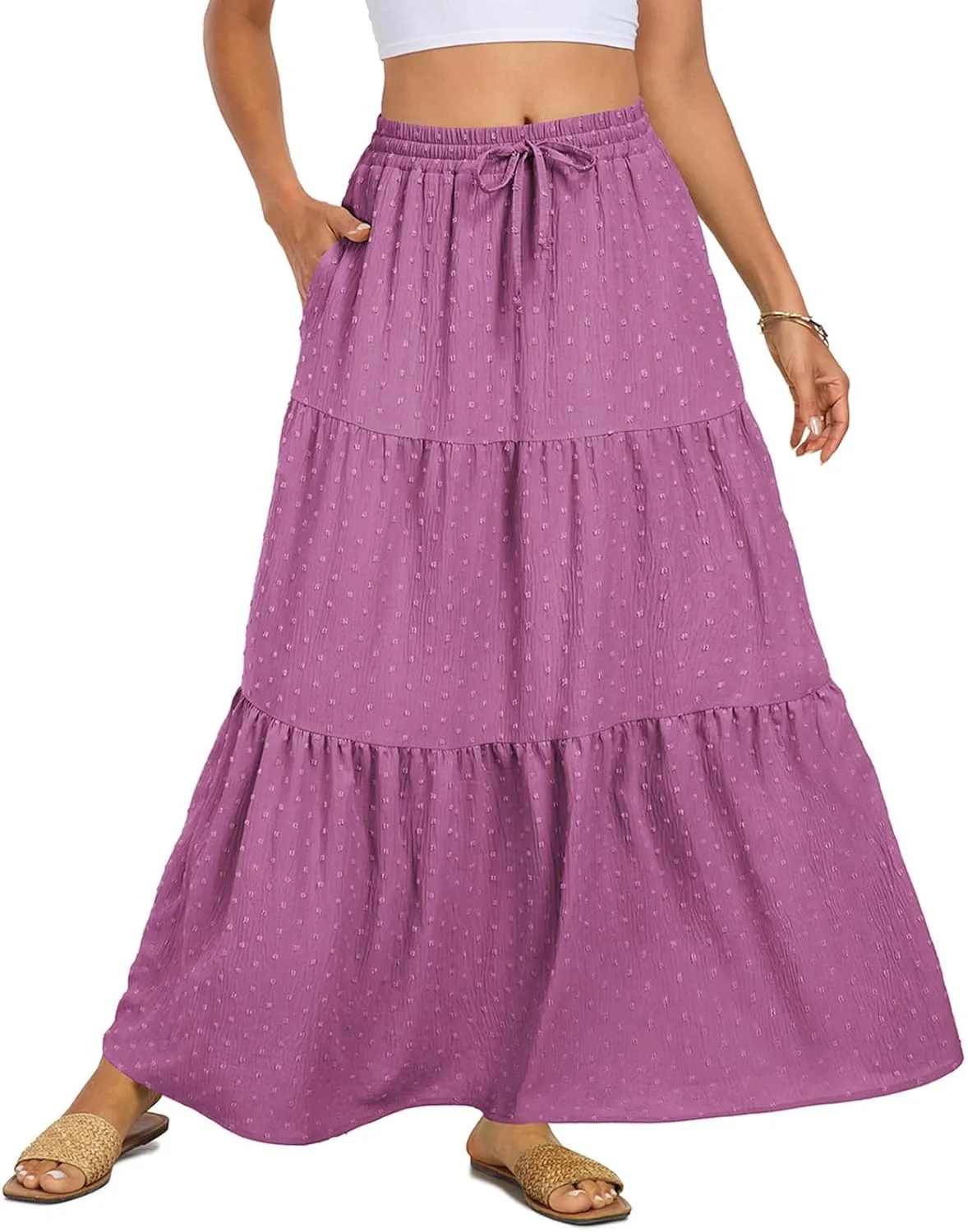 BLEVONH Women's Fall Boho High Waist Flowy Maxi Skirt Ruffle Tiered Swiss Dot Casual Long Skirts and Pockets