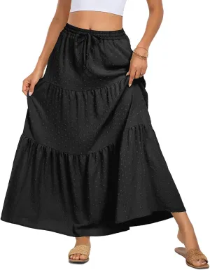 BLEVONH Women's Fall Boho High Waist Flowy Maxi Skirt Ruffle Tiered Swiss Dot Casual Long Skirts and Pockets
