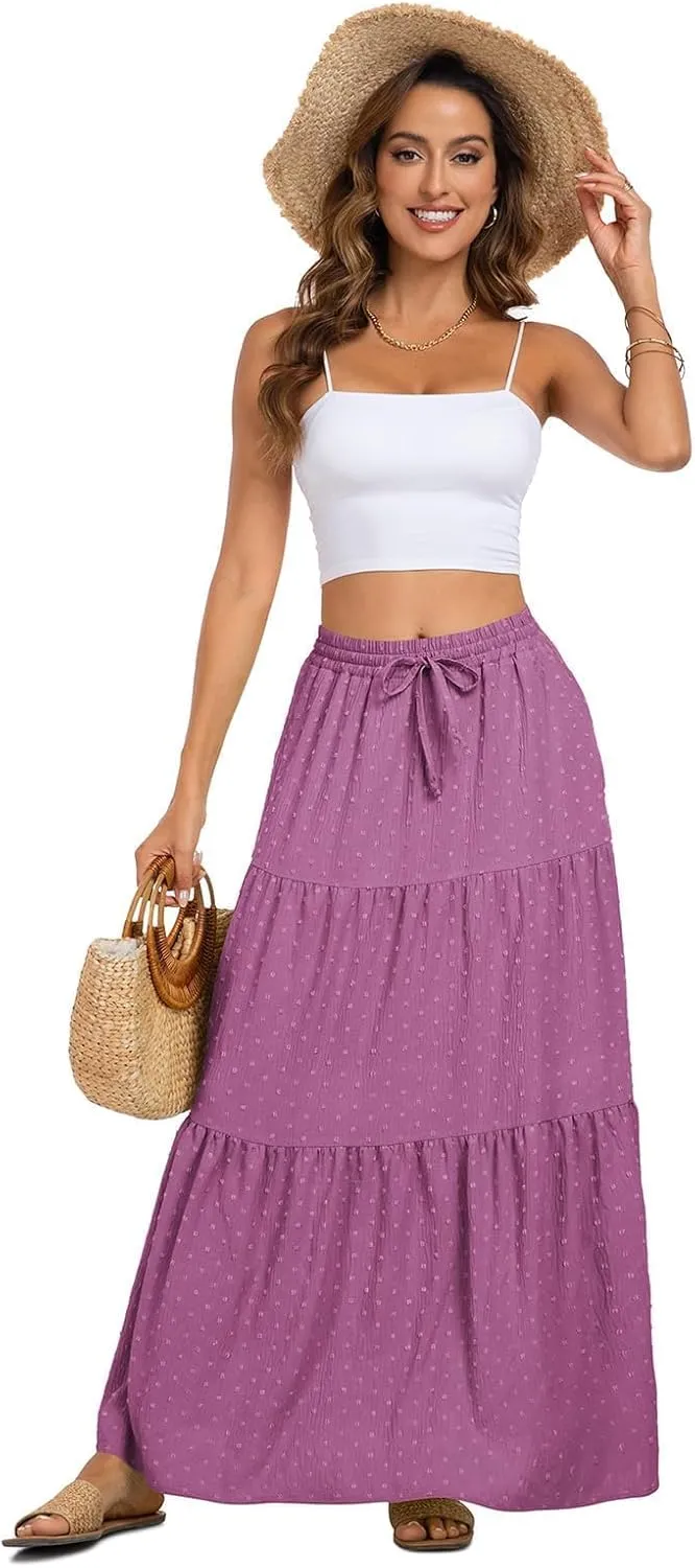 BLEVONH Women's Fall Boho High Waist Flowy Maxi Skirt Ruffle Tiered Swiss Dot Casual Long Skirts and Pockets