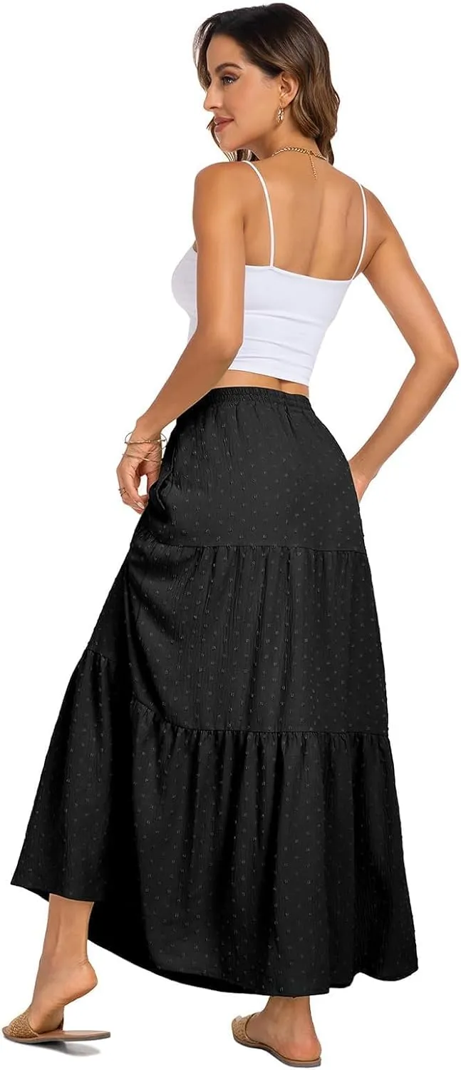 BLEVONH Women's Fall Boho High Waist Flowy Maxi Skirt Ruffle Tiered Swiss Dot Casual Long Skirts and Pockets