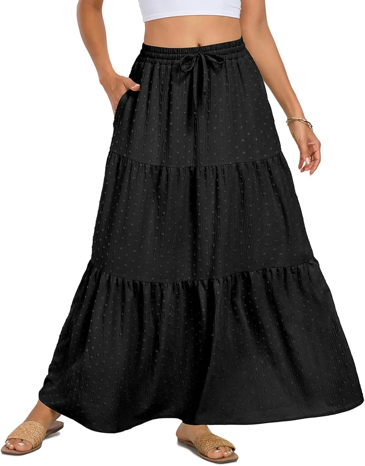 BLEVONH Women's Fall Boho High Waist Flowy Maxi Skirt Ruffle Tiered Swiss Dot Casual Long Skirts and Pockets