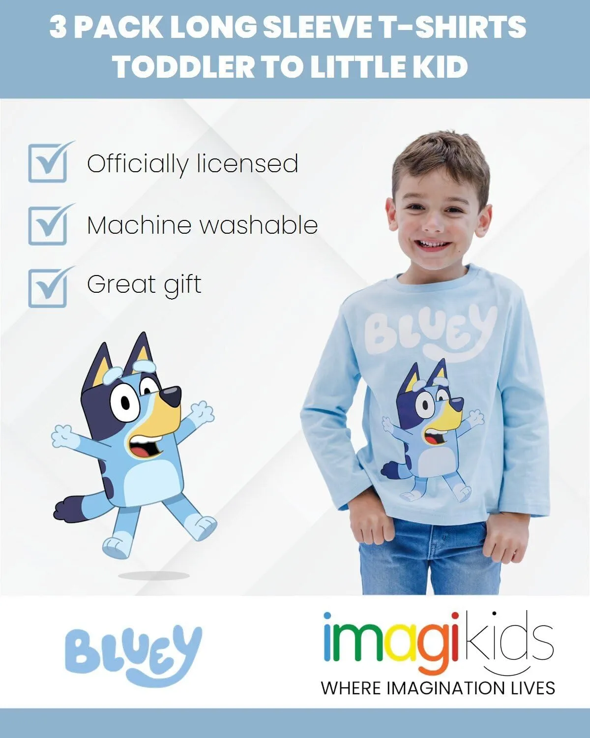Bluey 3 Pack Long Sleeve T-Shirts Toddler to Big Kid Sizes (2T - 10-12)