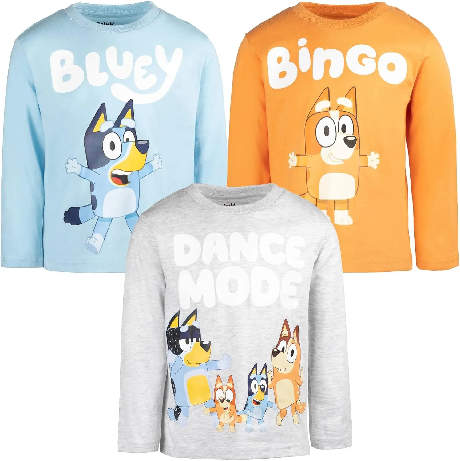 Bluey 3 Pack Long Sleeve T-Shirts Toddler to Big Kid Sizes (2T - 10-12)