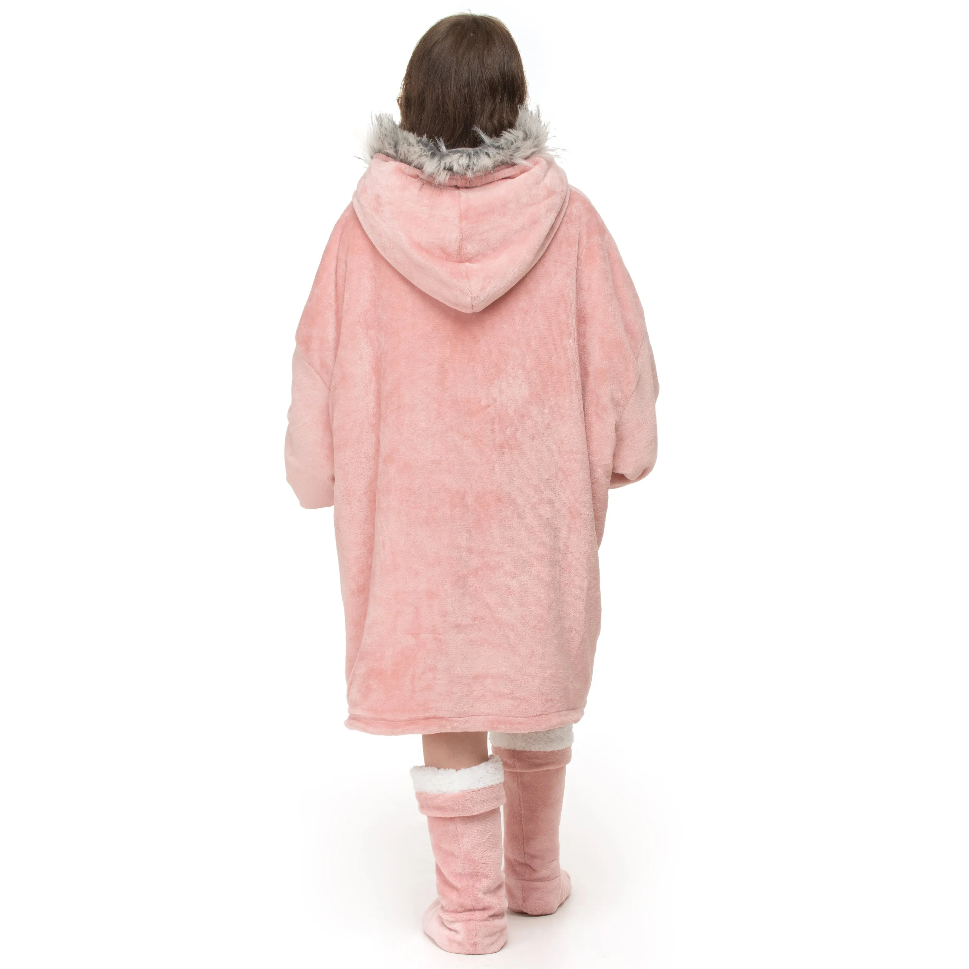 Blush Pink Faux Fur Trim Hoodie Blanket