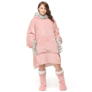 Blush Pink Faux Fur Trim Hoodie Blanket
