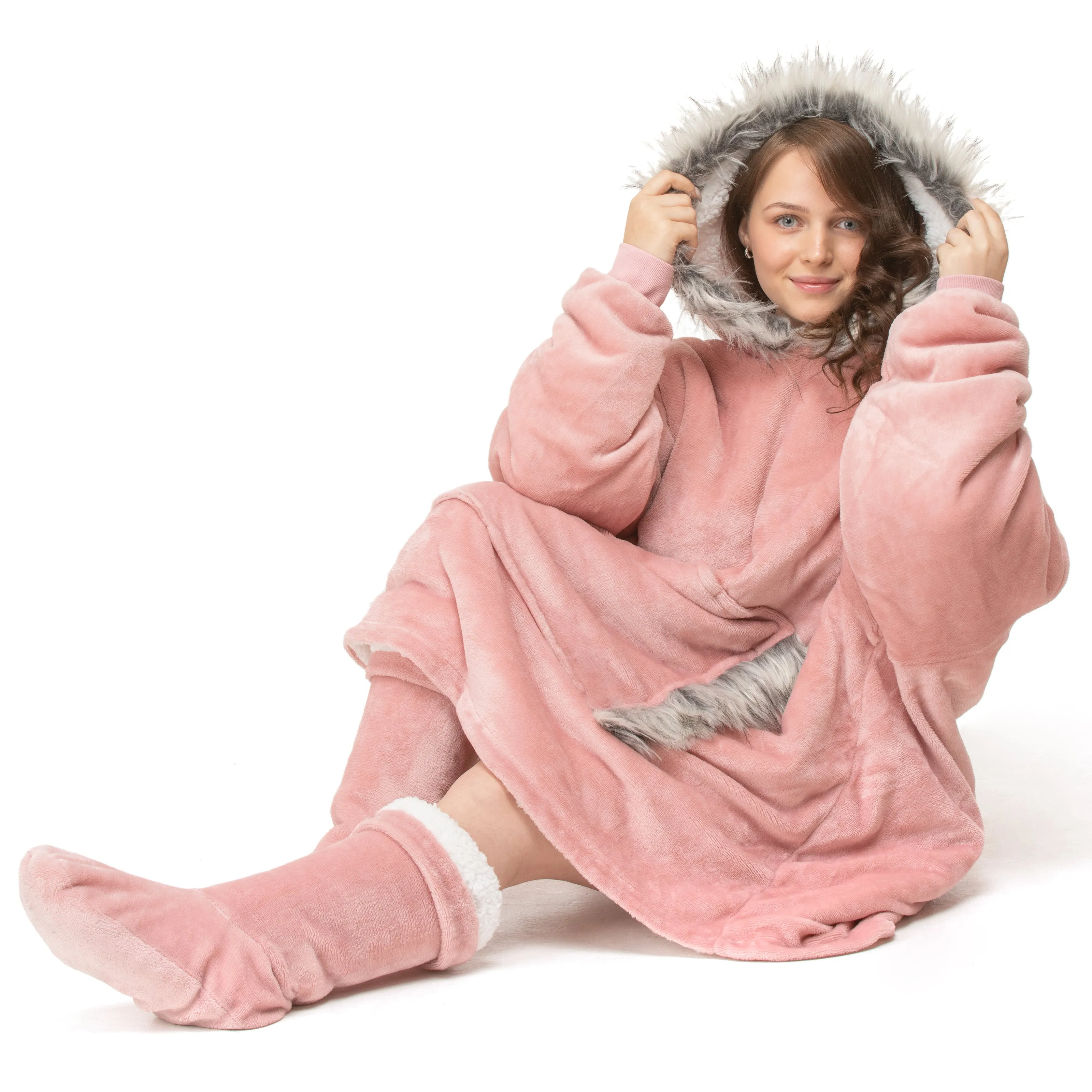 Blush Pink Faux Fur Trim Hoodie Blanket