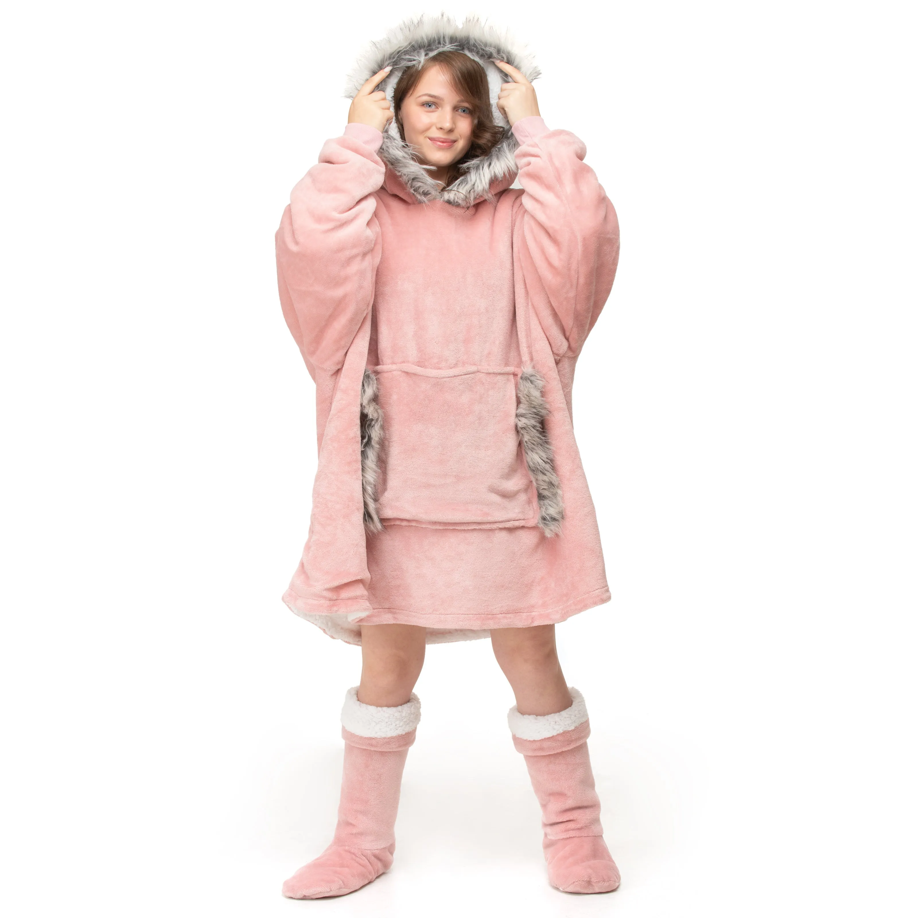 Blush Pink Faux Fur Trim Hoodie Blanket