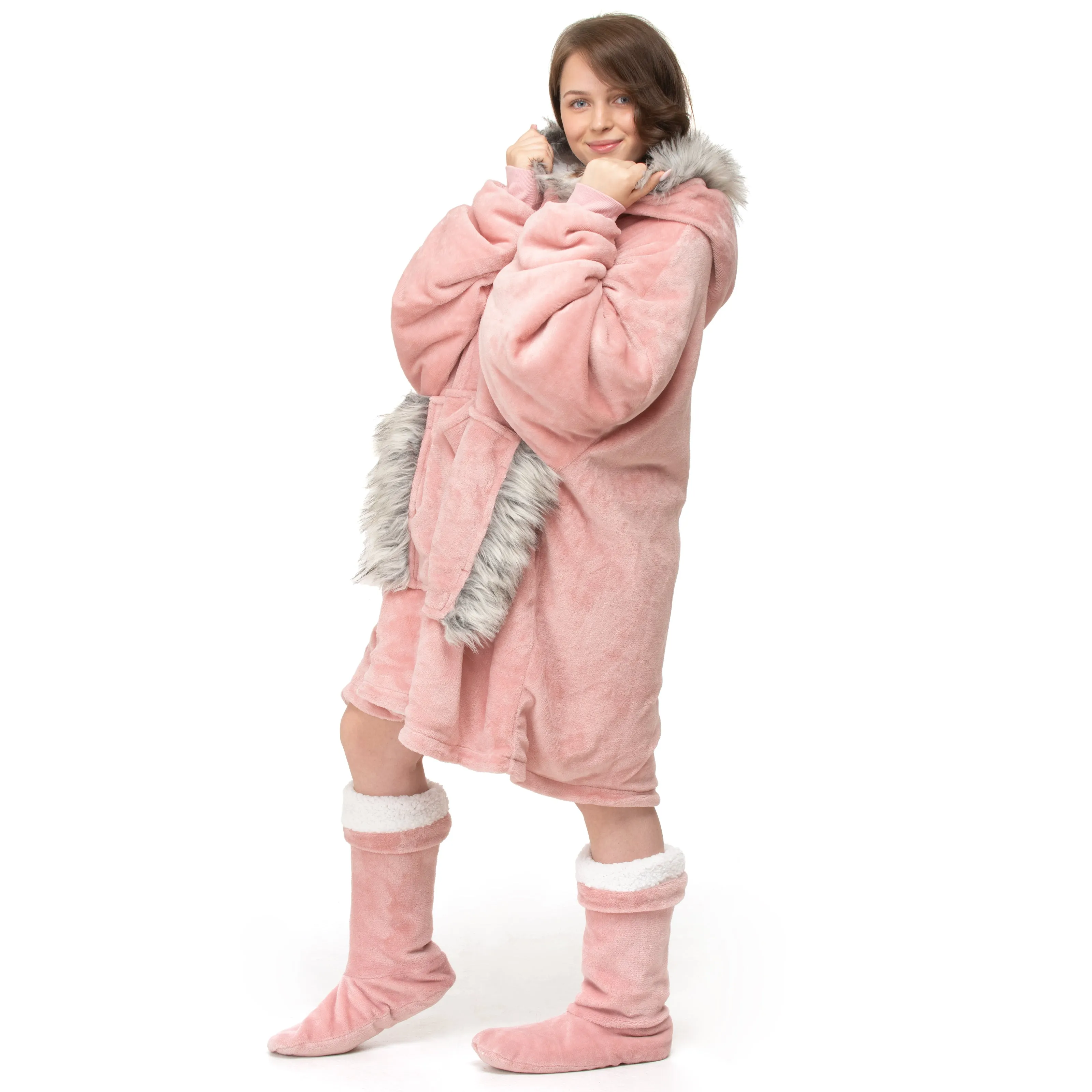 Blush Pink Faux Fur Trim Hoodie Blanket